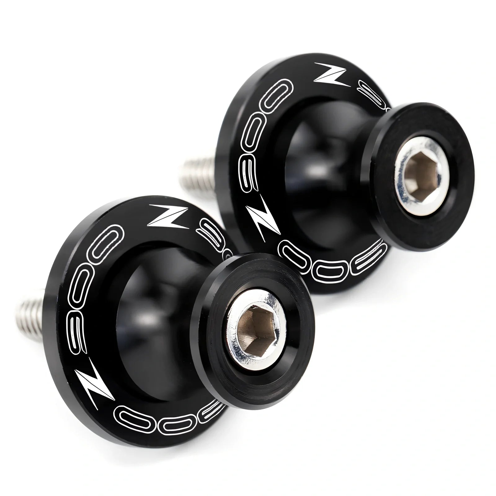 Pair of 8mm CNC aluminium swingarm spools sliders in titanium for Kawasaki Z650 Z900, with Delrin contact and stainless bolts