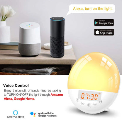 WiFi Voice Control Intelligent Alarm Clock with Sunrise Wake-up Light on bedside table