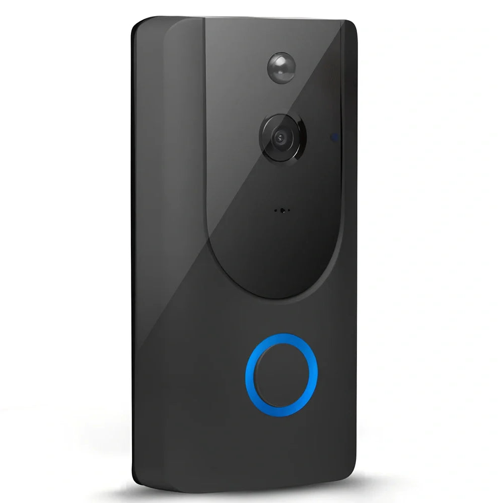 Grey WiFi video doorbell camera with 720P lens, 166° angle, PIR motion detection and chime for home security