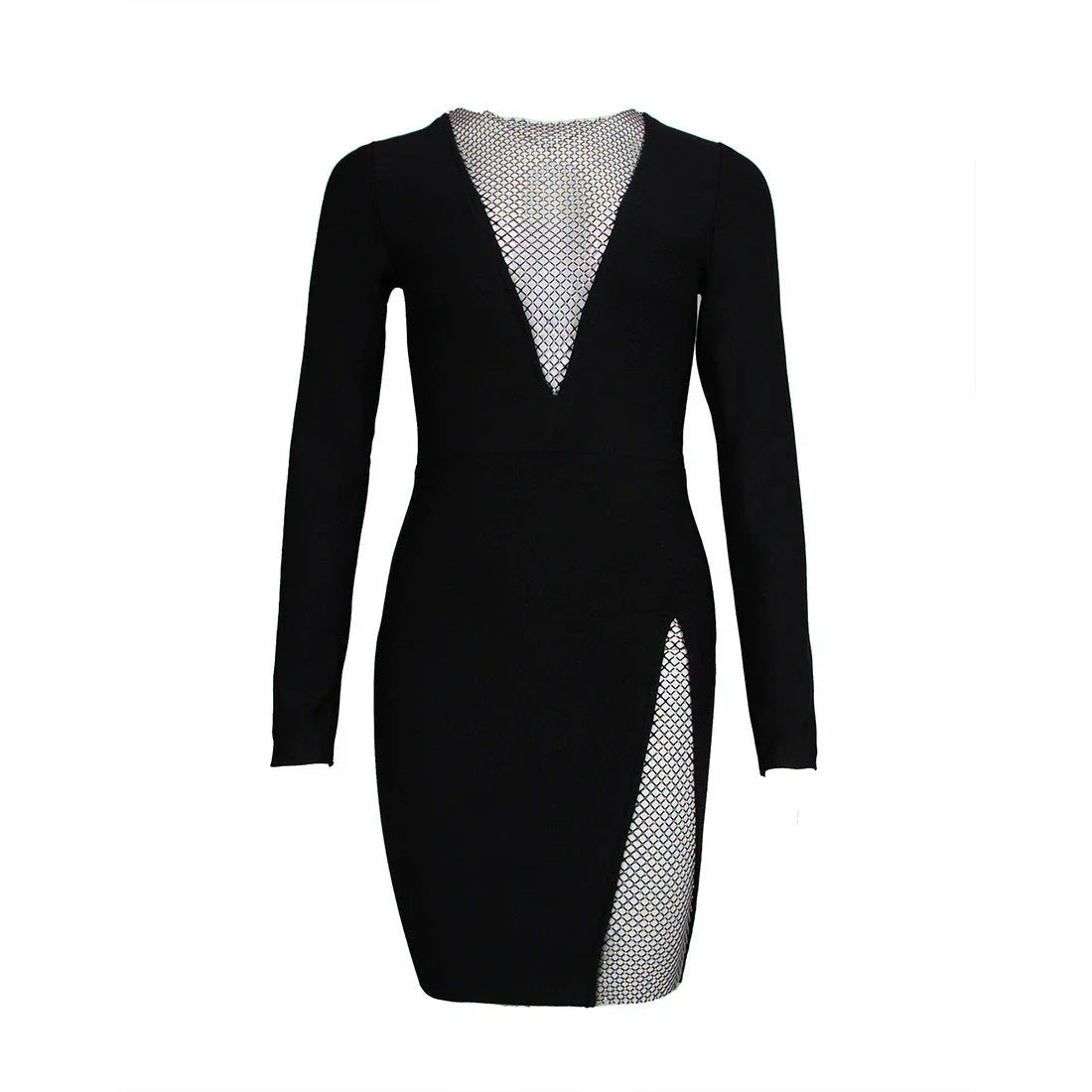 Black long-sleeved bandage dress with diamond net detailing, perfect for evening events