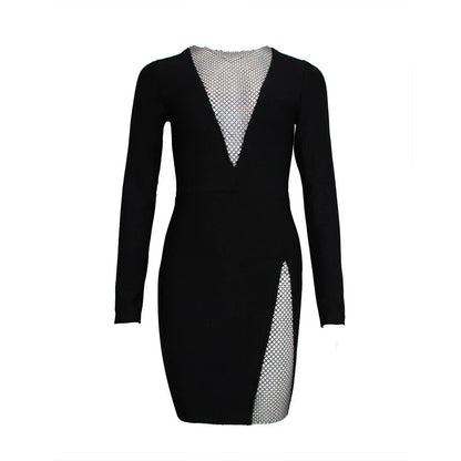 Black long-sleeved bandage dress with diamond net detailing, perfect for evening events
