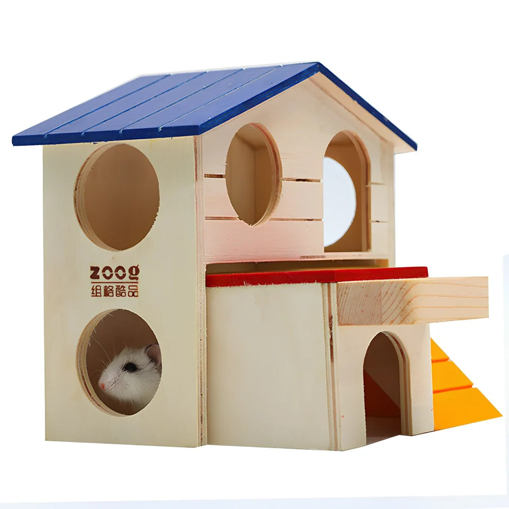 Wooden hamster chalet with blue top roof, 17cm square base, 15cm height for molar play and hiding