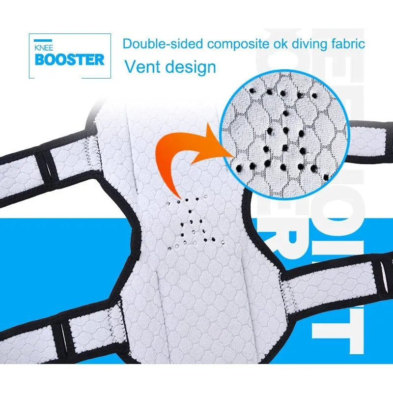 Adjustable spring knee brace support for mountaineering and sports activities.
