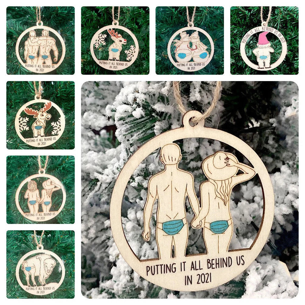Wooden Christmas tree pendant with snowman and deer laser-cut design