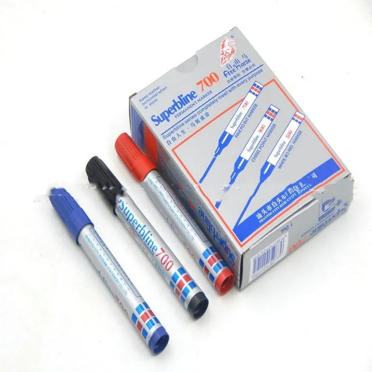 Box of 12 oil-based non-fading markers, black colour, plastic shell