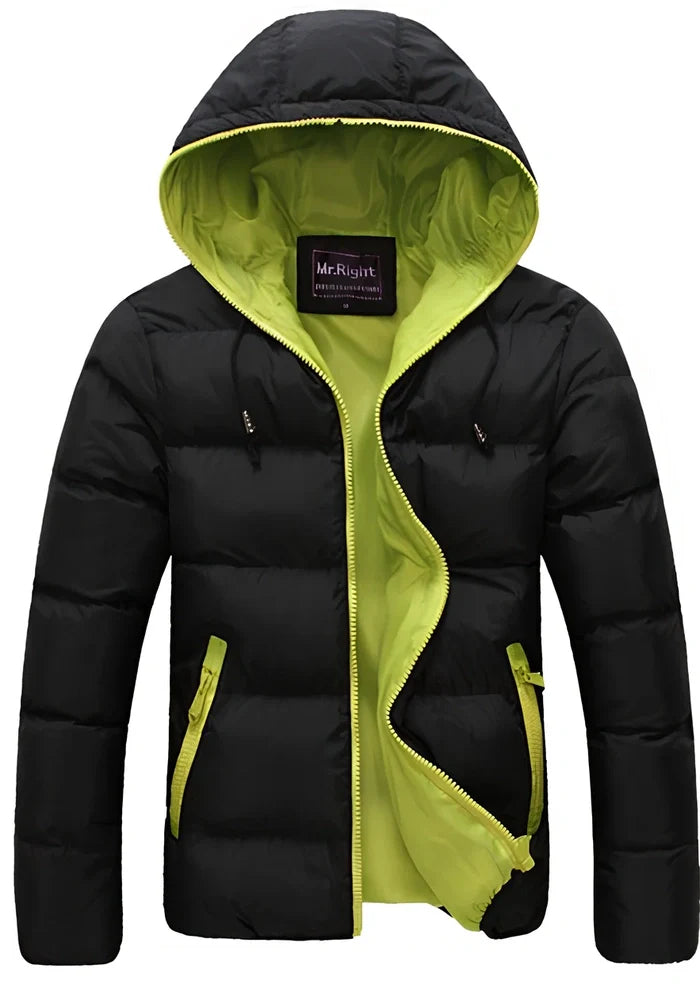 Blue hooded men's jacket with zipper, cotton filling, side pockets, M size 60 cm length and 104 cm bust