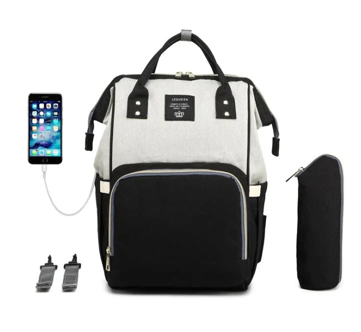 A stylish and practical mummy backpack with features like an insulated bottle compartment, USB charging port, and water-resistant construction.