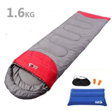Blue camping sleeping bag with removable inner liner, compression straps, and waterproof 190T polyester shell