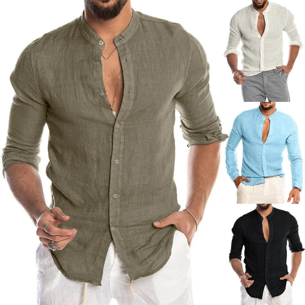 Versatile linen-blend dress shirt for men in a range of classic colors, including white, black, navy, and khaki