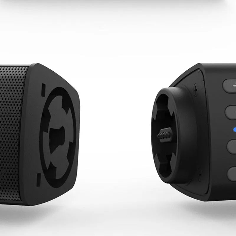 Black foldable split Bluetooth speaker showing dual speaker units with dimensions 490mm x 50mm x 50mm