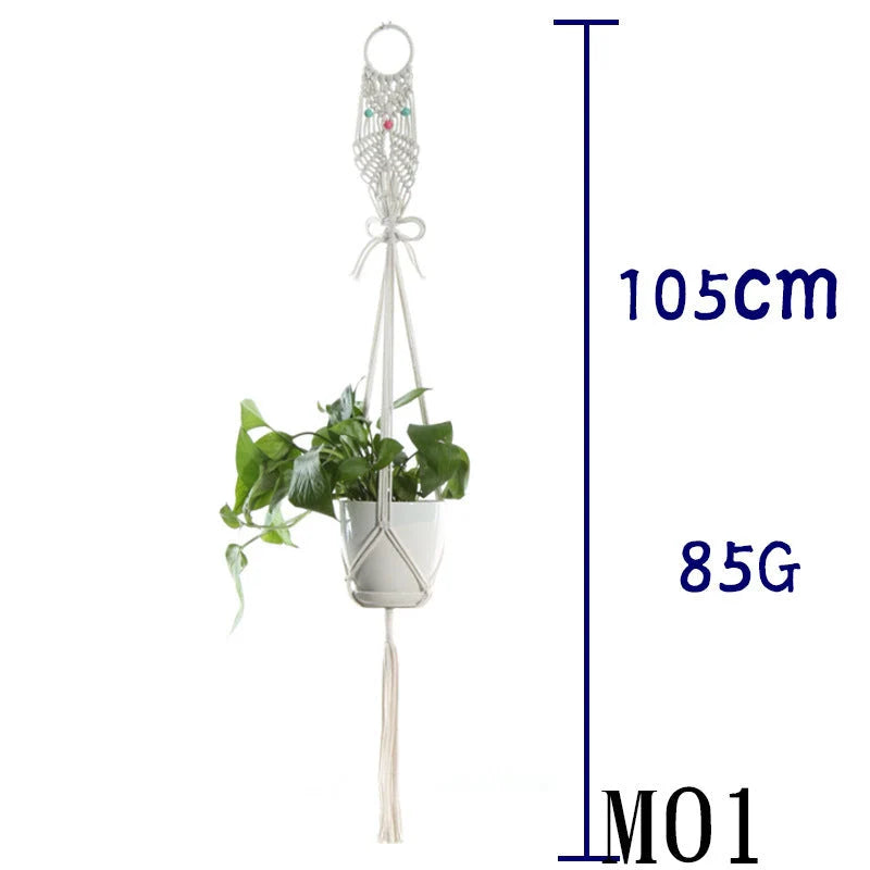 Handmade beige cotton rope flower pot net bag for indoor plants, American Country style