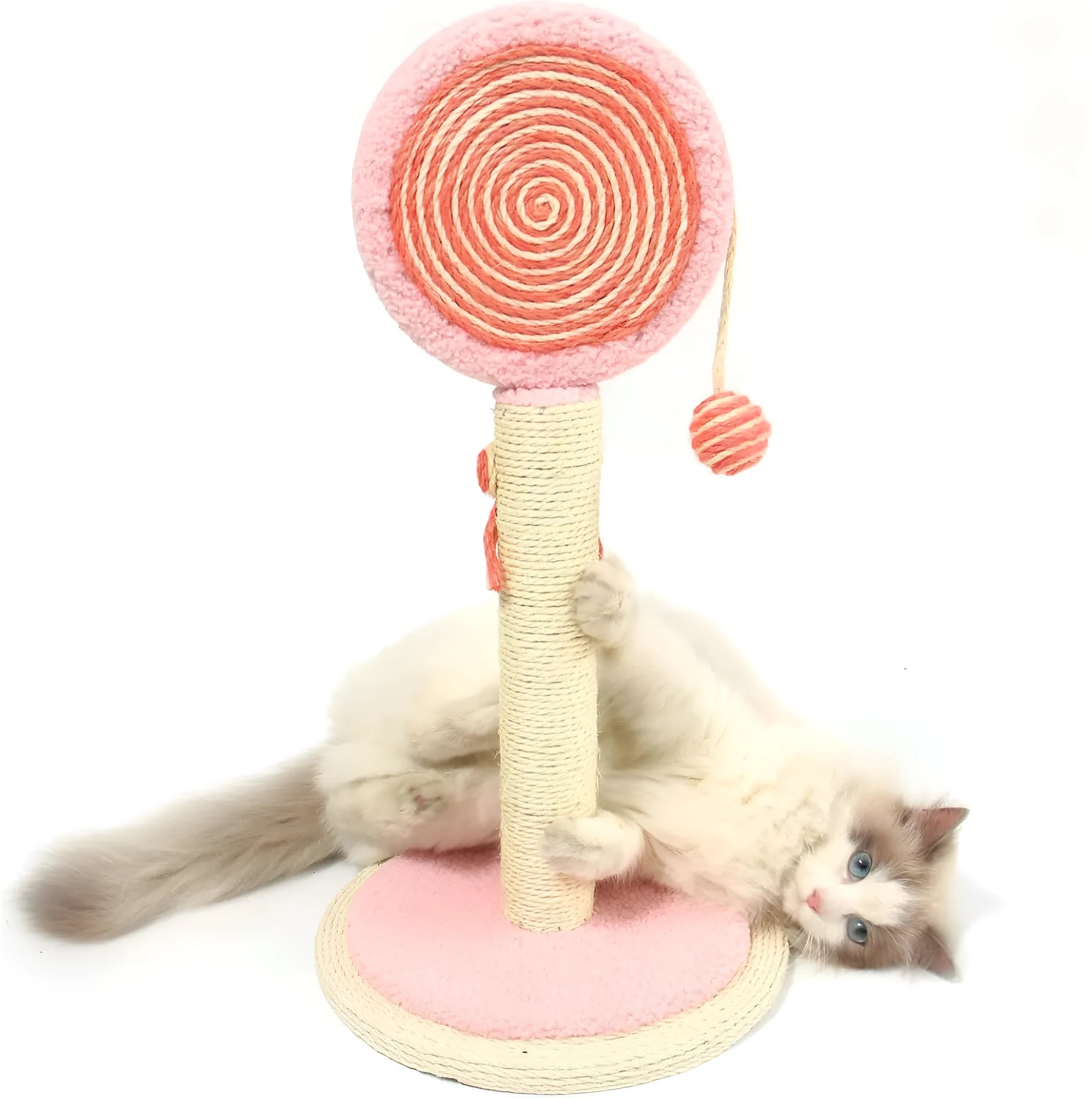 Blue cat scratching post with sisal rope and a hanging yellow ball on a sturdy square base.