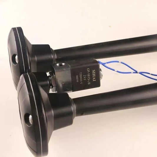 Black dual trumpet air horn with compressor unit for 12V 24V vehicle installation