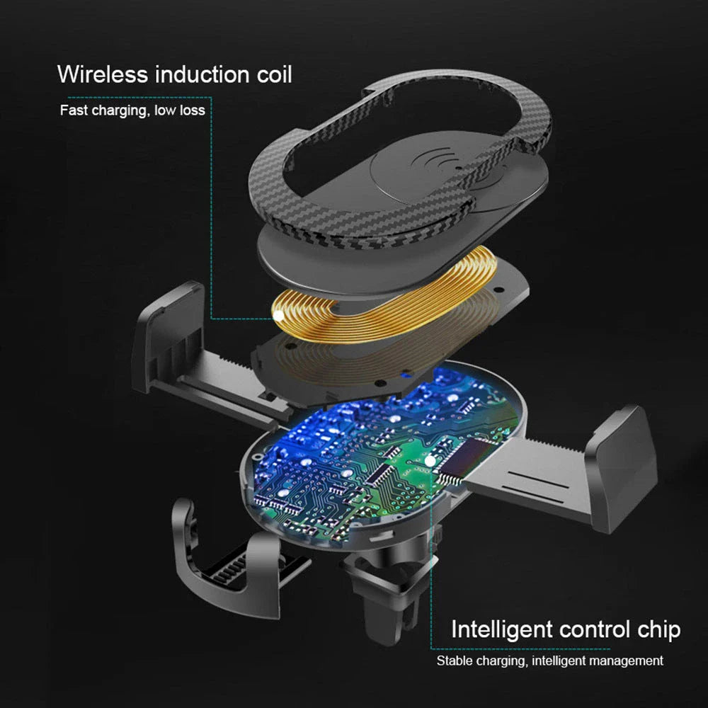 Wireless Fast-Charging Kiwi-Designed Car Phone Mount with adjustable grip and sleek, low-profile design