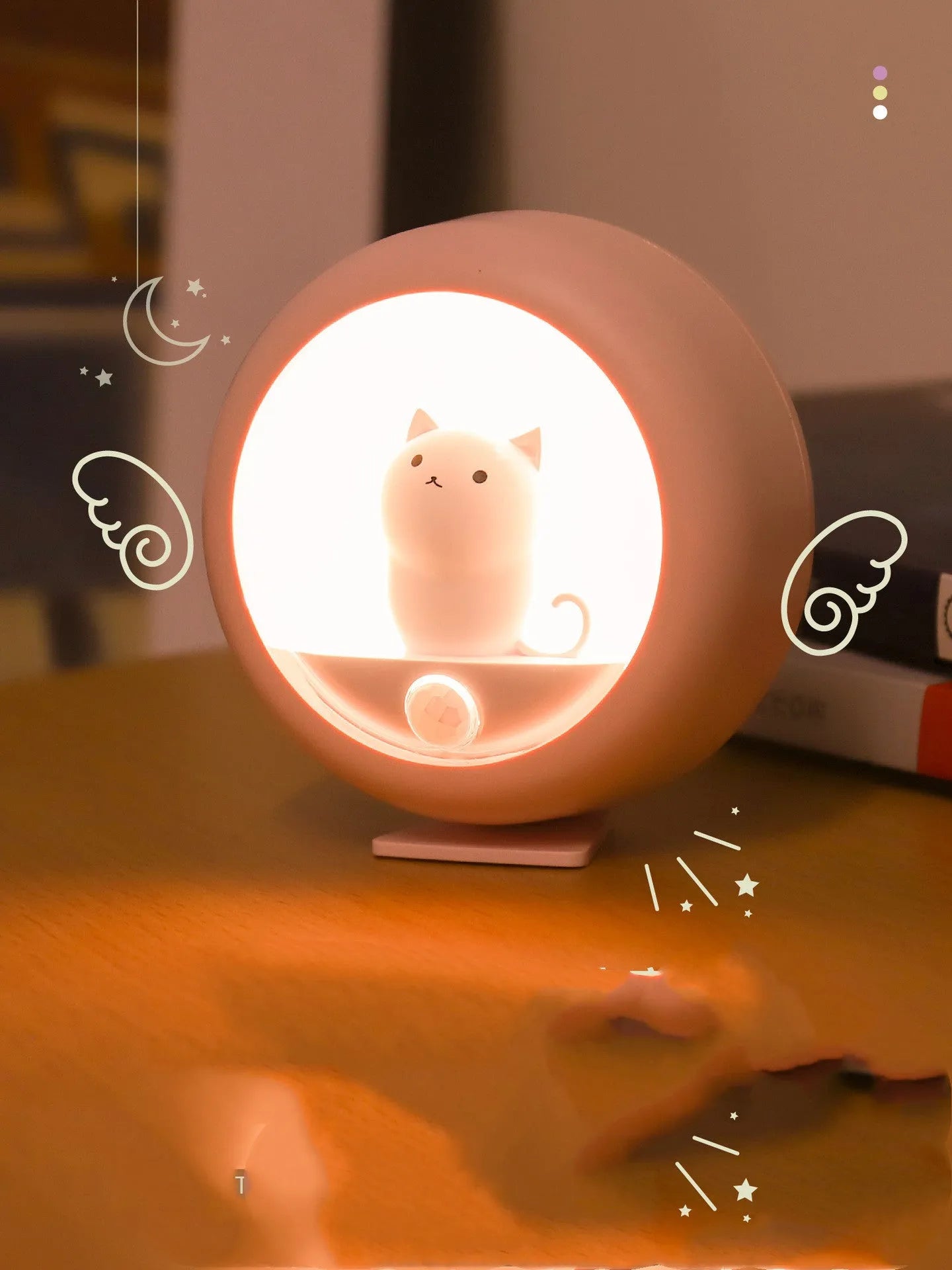 Baby sleep lamp with colour-changing projection light on bedside table