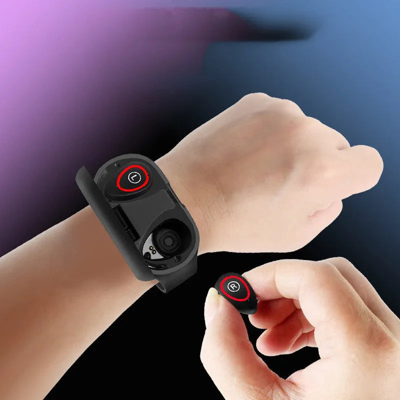 Blue smart bracelet earphone combo wearable with a 1-inch screen on a silicone wristband.