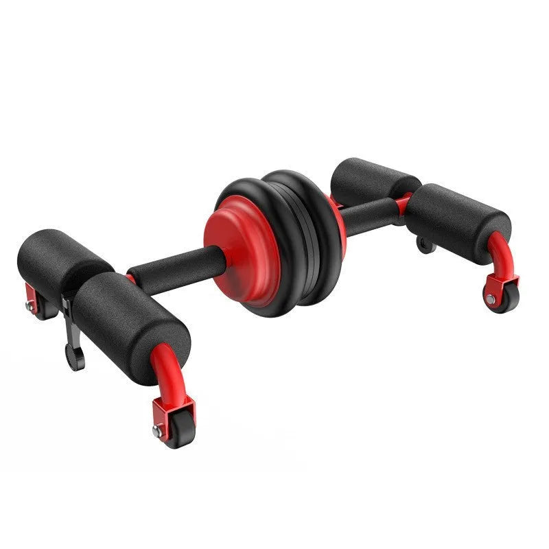 Foldable sit-up aid placed on a floor mat with foam padding and steel frame in black colour