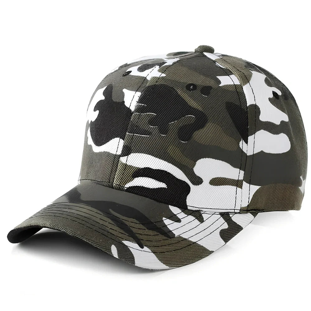Green camouflage baseball cap with wide 7-8 cm brim, flat eaves, and dome top for outdoor sun protection
