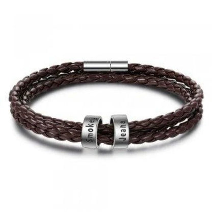 Personalized braided leather bracelet with engraved charm for men, available in black, brown, and navy colors