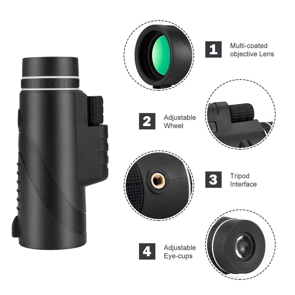 Black HD 40x60 monocular telescope for mobile phones with 40X magnification and waterproof design