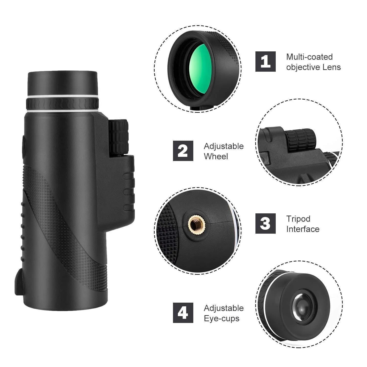 Black HD 40x60 monocular telescope for mobile phones with 40X magnification and waterproof design