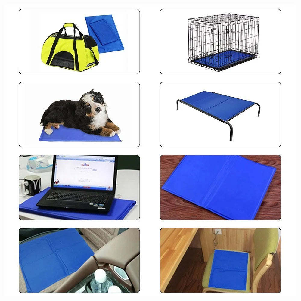 Blue dog cooling mat with pressure-activated technology for summer comfort