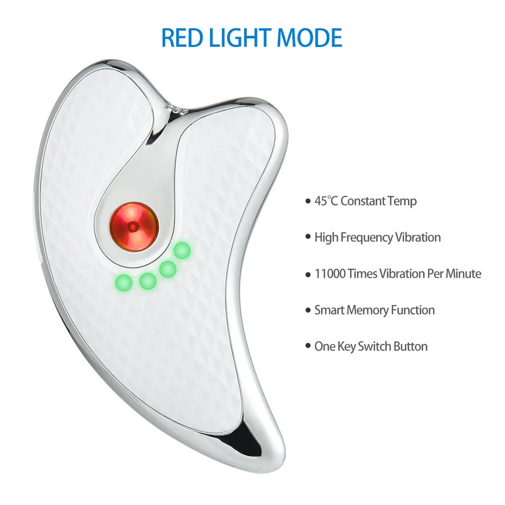 White rechargeable vibrating facial massager scraping board with ergonomic handle on a clean background