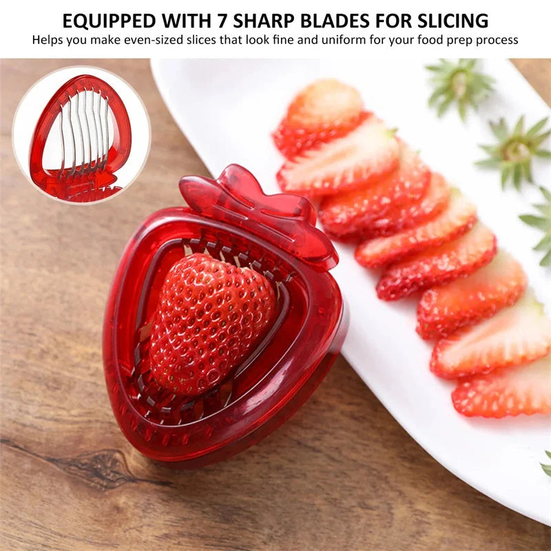 Red strawberry slicer with stainless steel blades for efficient and uniform fruit slicing