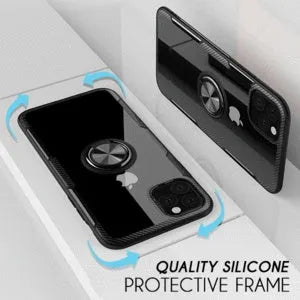 Black PU protective back cover case for iPhone mounted in a car holder, showing full access to charging port and buttons.