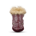 Dog wearing a wine red PU leather coat with faux fur collar and double pockets