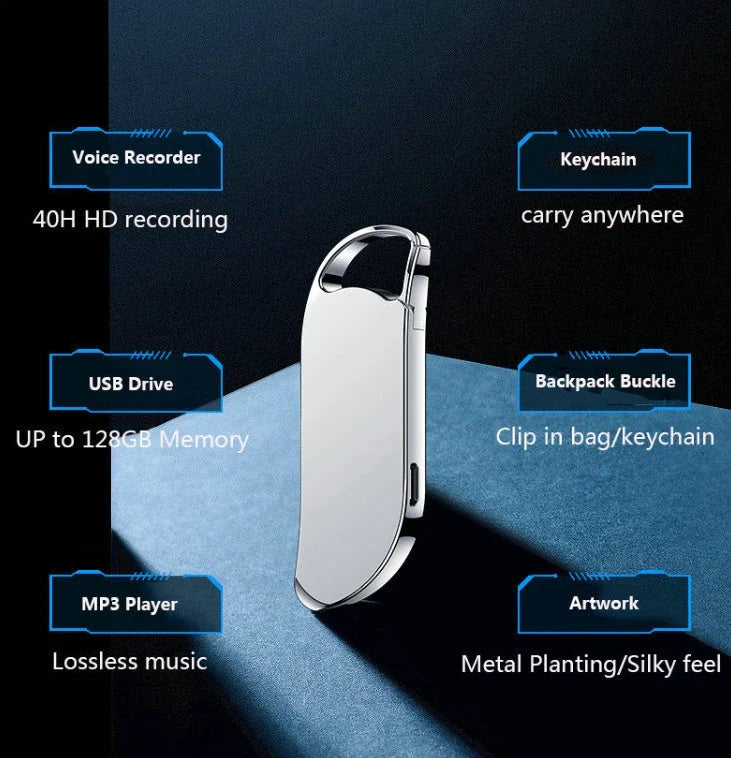 Voice-activated digital recorder with metal and zinc alloy construction, featuring high-definition audio, timestamp, and multi-purpose USB/MP3 capabilities