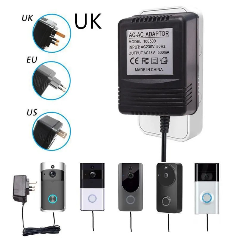 External power adapter for video doorbell AC18V 500MA with UK plug and overload protection