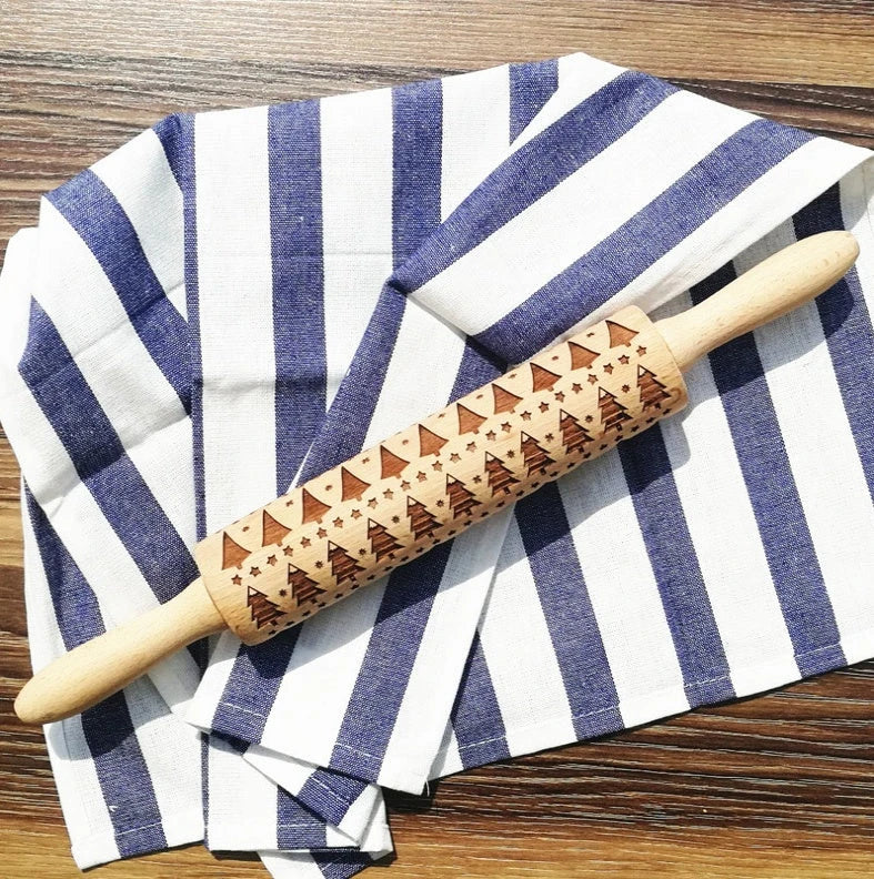 Wooden Christmas embossing rolling pin with non-stick surface for festive baking