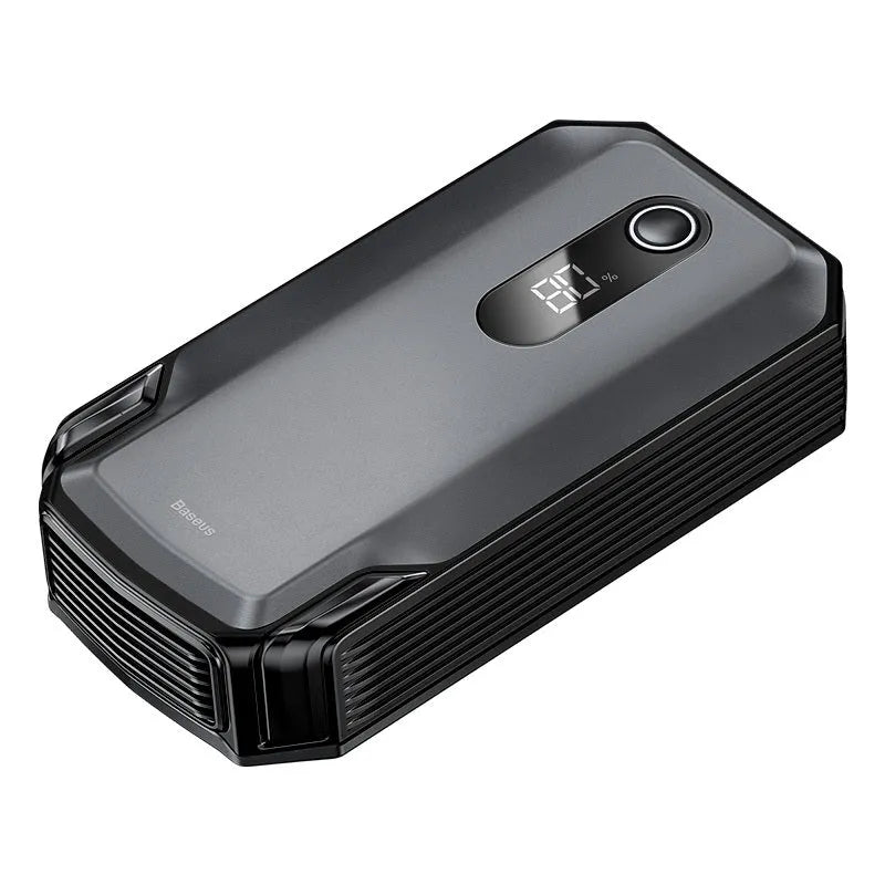 Baseus Super Energy Max black portable car jump starter with 20000mAh battery and 2000A peak current on a dark background