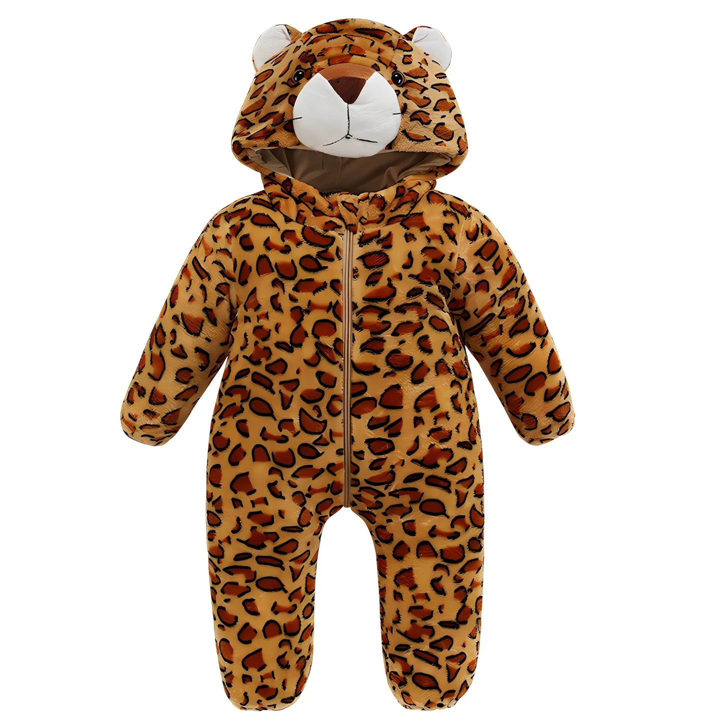 Cotton flannel baby romper with animal print design for winter wear, showing reinforced stitching and soft fabric texture