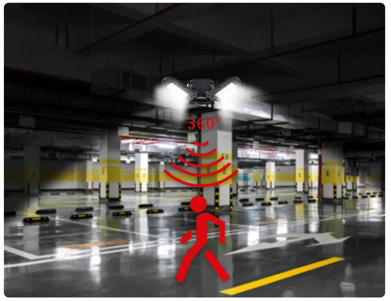 60W deformable LED garage light with three adjustable aluminium alloy heads on a white background