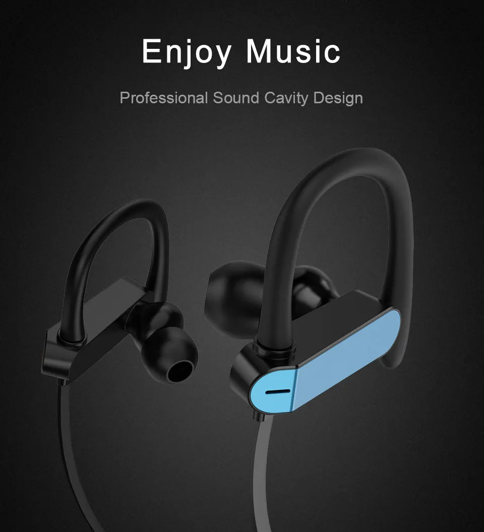Black and blue universal sport earphone with flexible silicone ear hooks and gel earbuds, showing the 3.5mm jack.