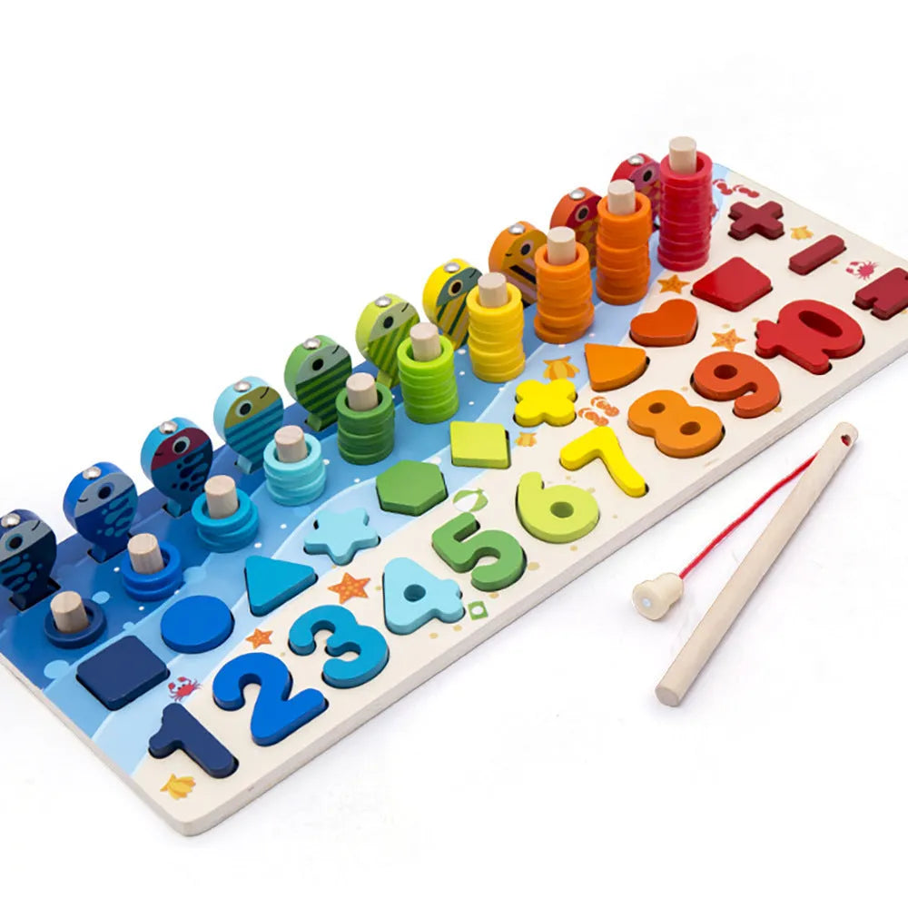 Wooden 3D alphabet number puzzle with colourful geometric letters and numbers on 42 cm board