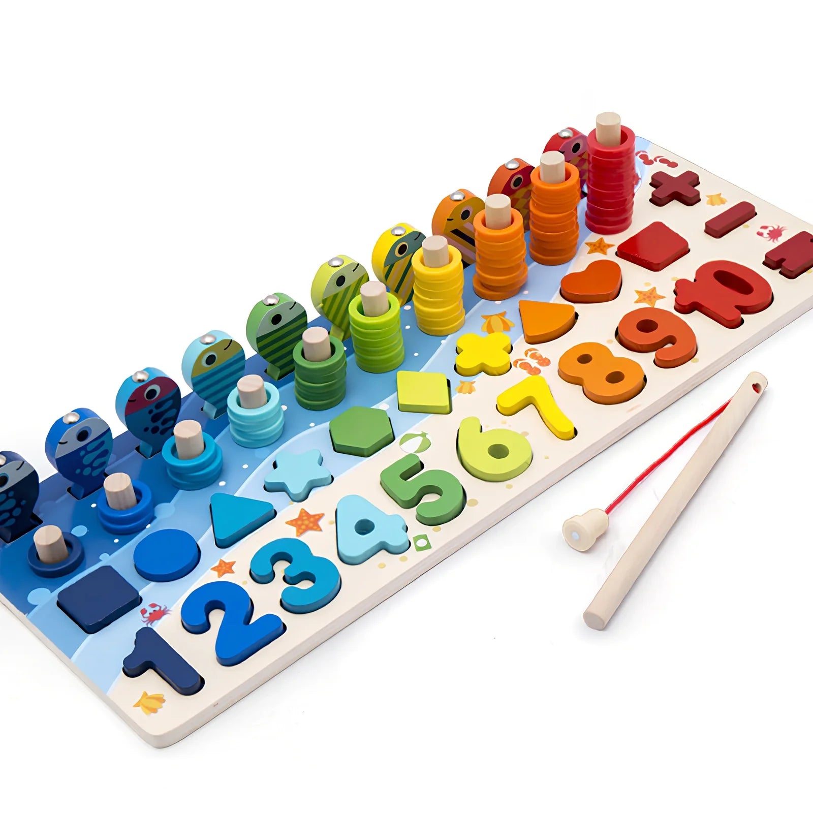 Wooden 3D alphabet number puzzle board 42x16x8 cm with geometric letter and number pieces in ocean blue theme