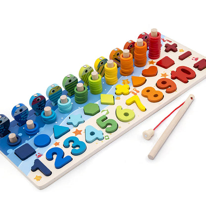 Wooden 3D alphabet number puzzle board 42x16x8 cm with geometric letter and number pieces in ocean blue theme