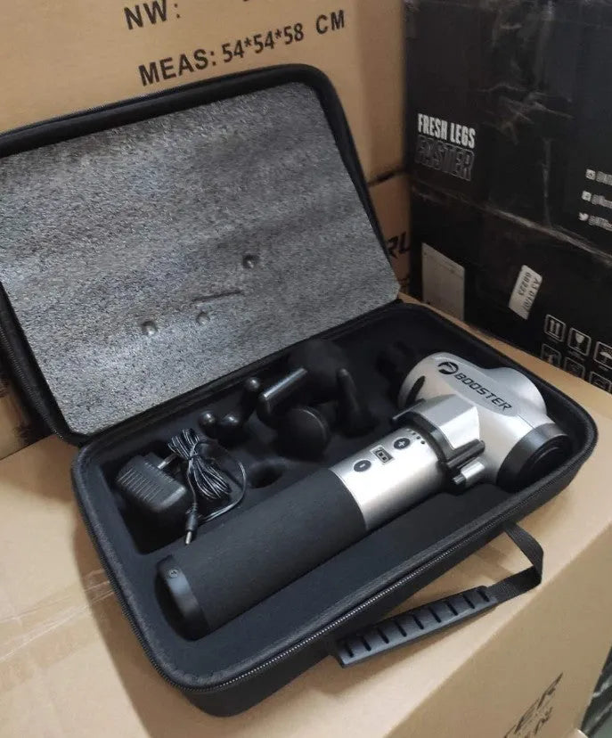 Black and white massage gun with adjustable speed control for muscle relaxation