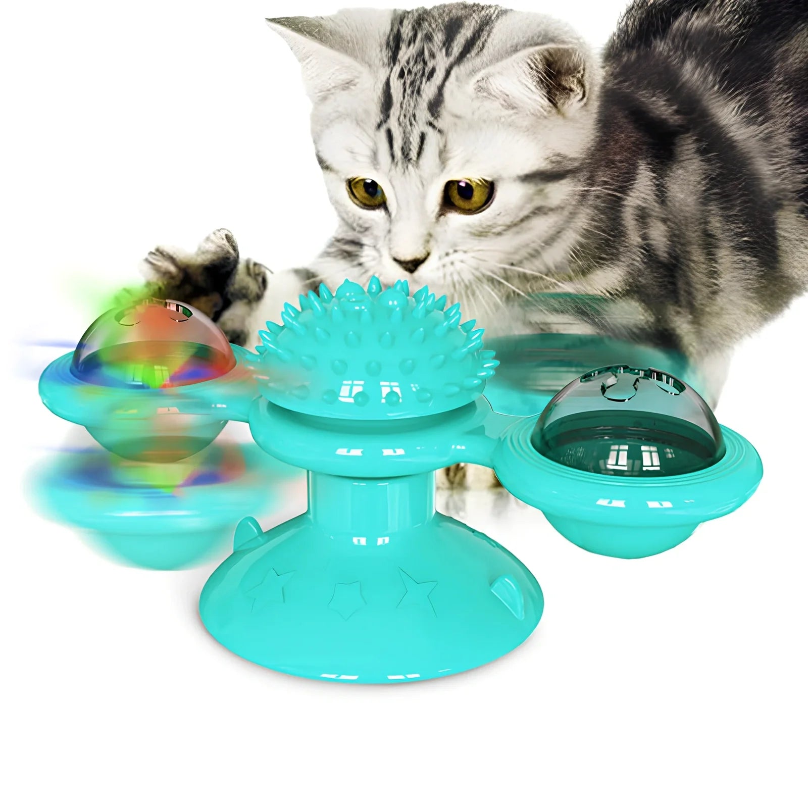 Yellow windmill cat toy with suction base, 158x74x69mm, transparent bins for balls, spinning blades and furry attachment