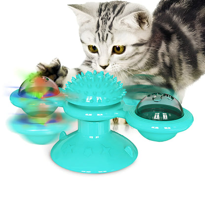 Yellow windmill cat toy with suction base, 158x74x69mm, transparent bins for balls, spinning blades and furry attachment