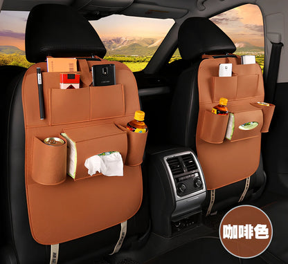 Wool felt car seat organiser bag with multiple pockets measuring 33cm wide