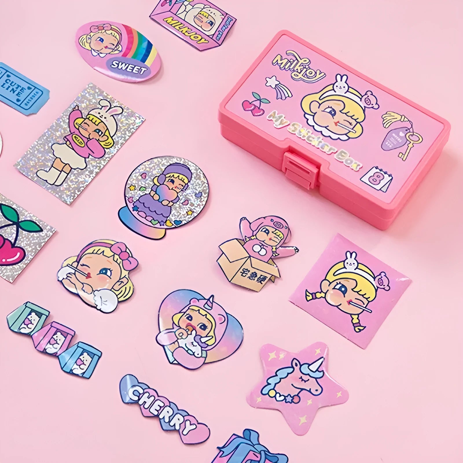 PVC cartoon sticker set with Korean-style cute girl designs and heart motifs in storage box