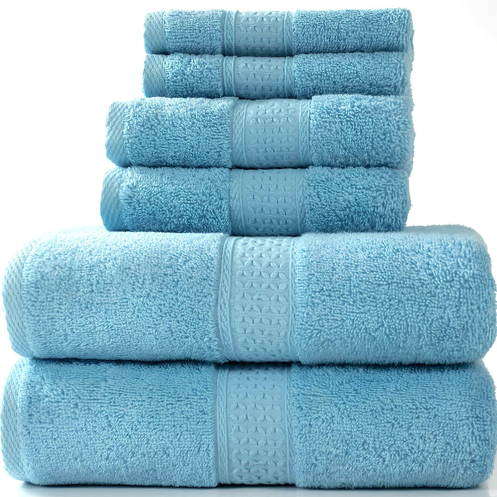 Pure cotton absorbent towel set in bamboo green, showing 140x70cm bath, 33x73cm hand, and 33x33cm square towels