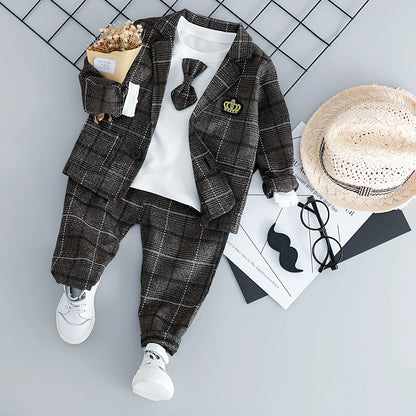 British-style three-piece cotton suit for boys in coffee or grey, sizes 70-100cm with long sleeves and knit fabric