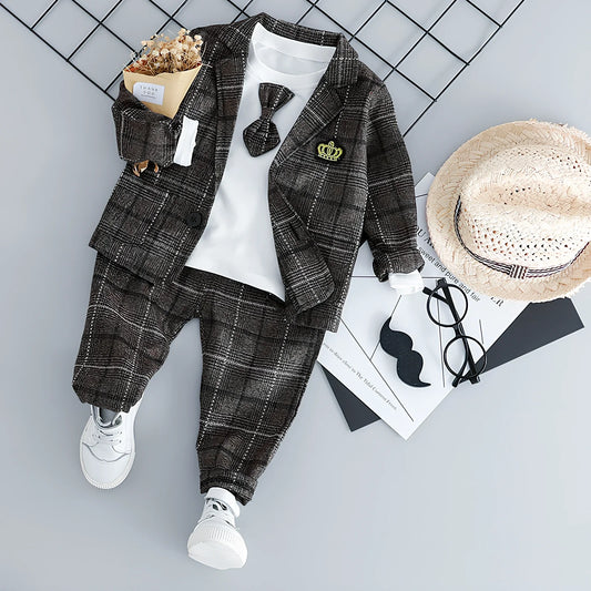 British-style three-piece cotton suit for boys in coffee or grey, sizes 70-100cm with long sleeves and knit fabric