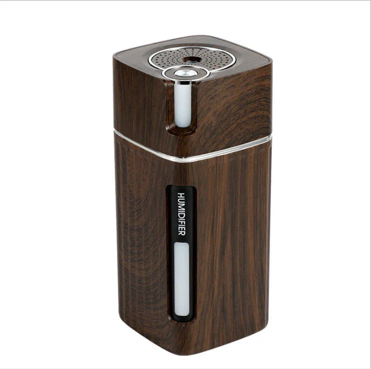 Versatile wood grain ultrasonic humidifier with aroma diffuser, LED light, and compact design