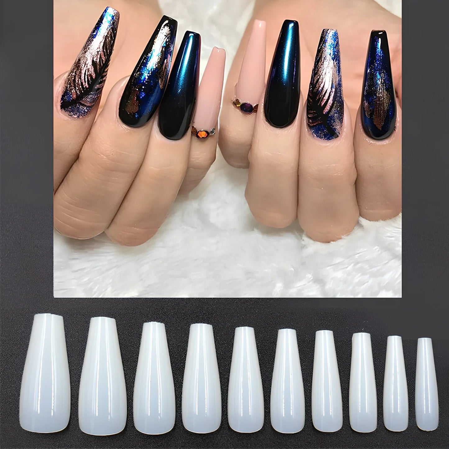 Pack of 500 clear and natural ballet shaped false nails in 10 sizes, ABS material for professional application